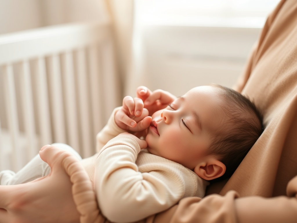 "gentle parent stroking infant" "soft morning light" "calm neutral nursery" "slow flowing hand movements" "warm skin tones" "peaceful relaxed baby" "subtle motion blur"