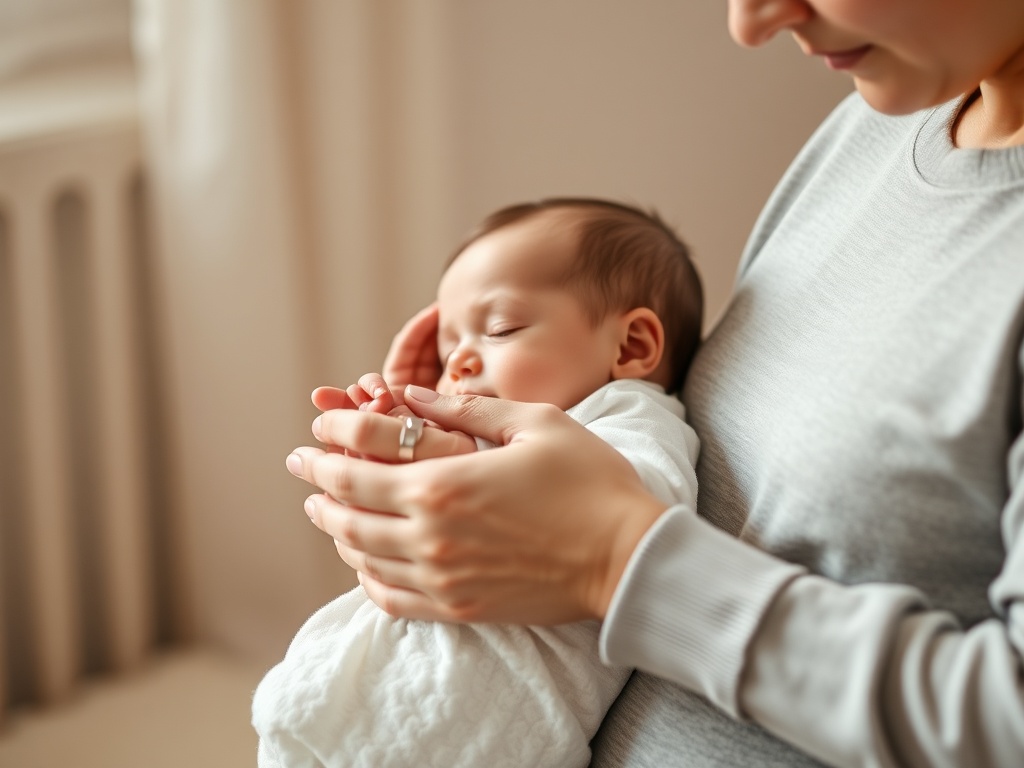 "gentle parent stroking infant" "soft morning light" "calm neutral nursery" "slow flowing hand movements" "warm skin tones" "peaceful relaxed baby" "subtle motion blur"