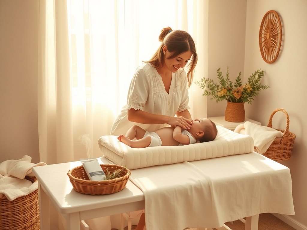 "soft sunlit nursery" "mother gently massaging relaxed baby on changing table" "herbal stamp kit nearby in woven basket" "calm pastel palette, warm golden light" "subtle steam from herbal compress"