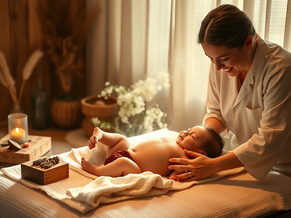 "Soft-lit spa room" "wooden herbal stamps steaming on linen" "gentle baby on blanket being caressed" "calm caregiver smiling" "warm earthy tones"