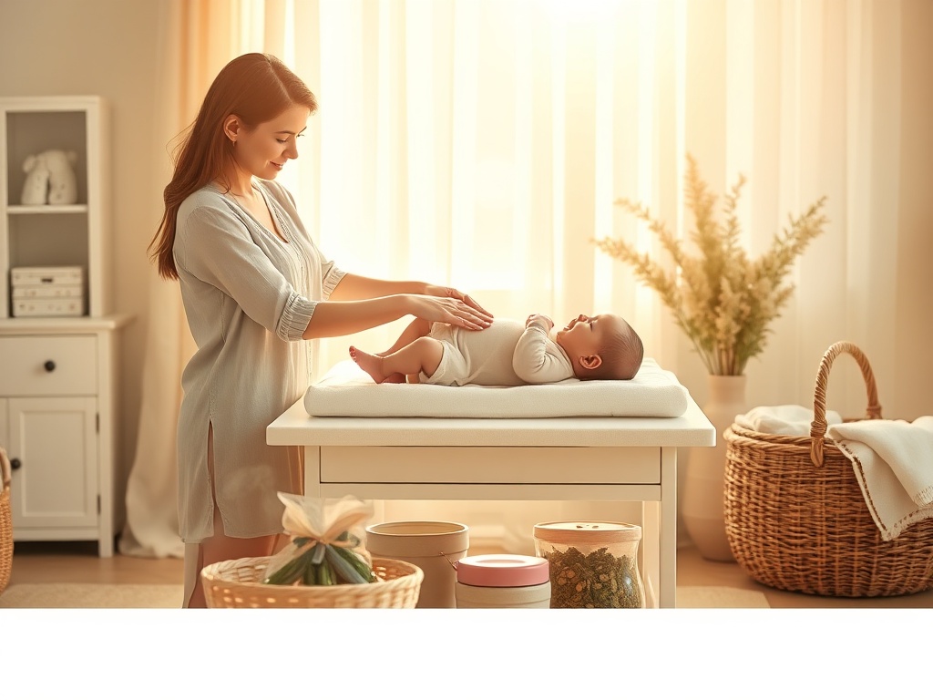 "soft sunlit nursery" "mother gently massaging relaxed baby on changing table" "herbal stamp kit nearby in woven basket" "calm pastel palette, warm golden light" "subtle steam from herbal compress"