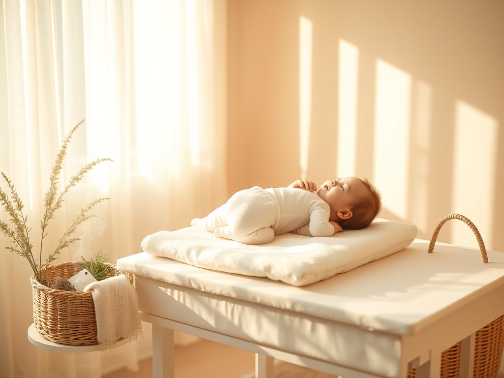 "soft sunlit nursery" "mother gently massaging relaxed baby on changing table" "herbal stamp kit nearby in woven basket" "calm pastel palette, warm golden light" "subtle steam from herbal compress"