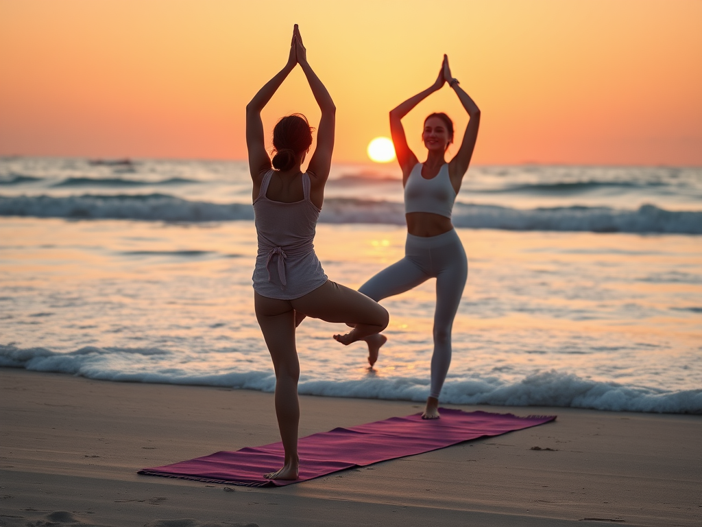 Vrouwelijke yogabeoefenaars op het strand bij zonsopgang.