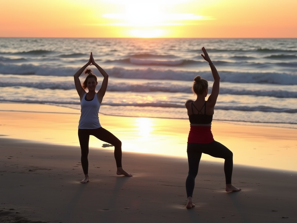 Yoga-sessie bij zonsopgang op het strand.