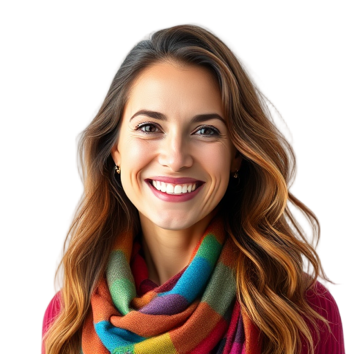 Een glimlachende persoon met een kleurrijke sjaal.