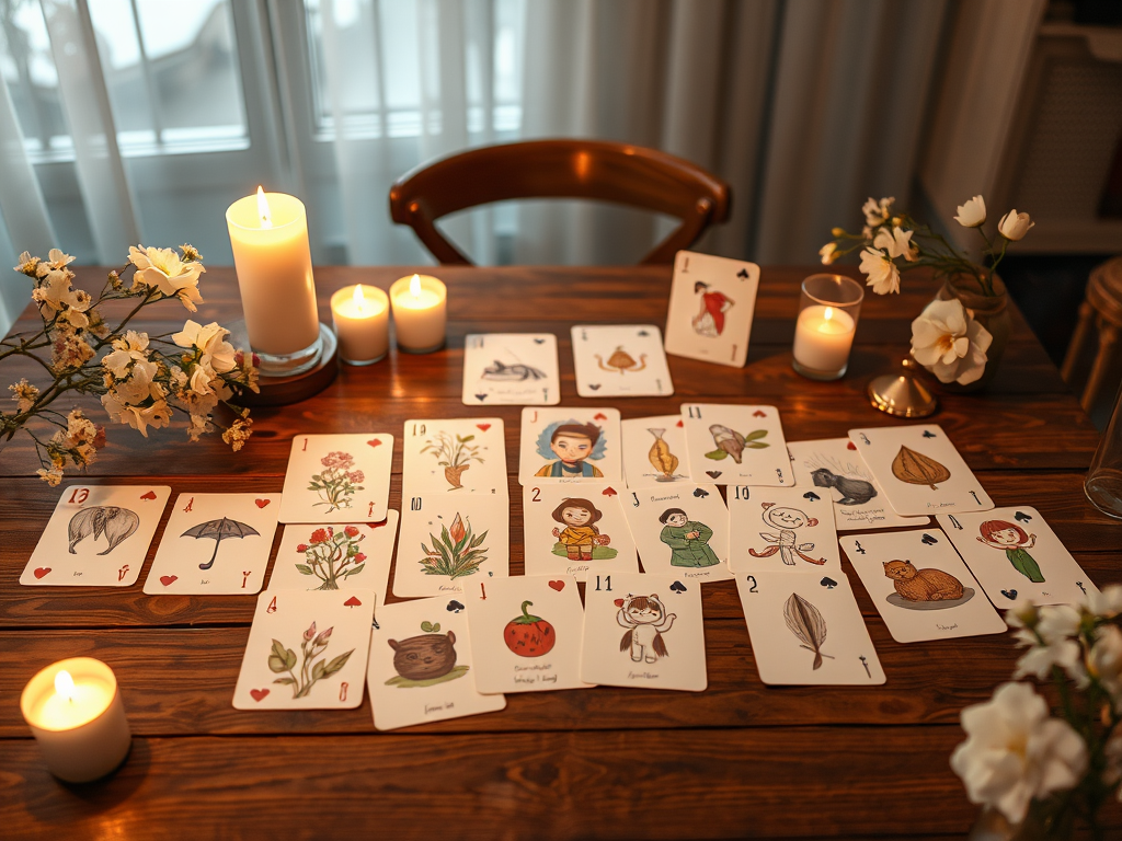 Een houten tafel met 44 geïllustreerde kaarten en kaarsen.