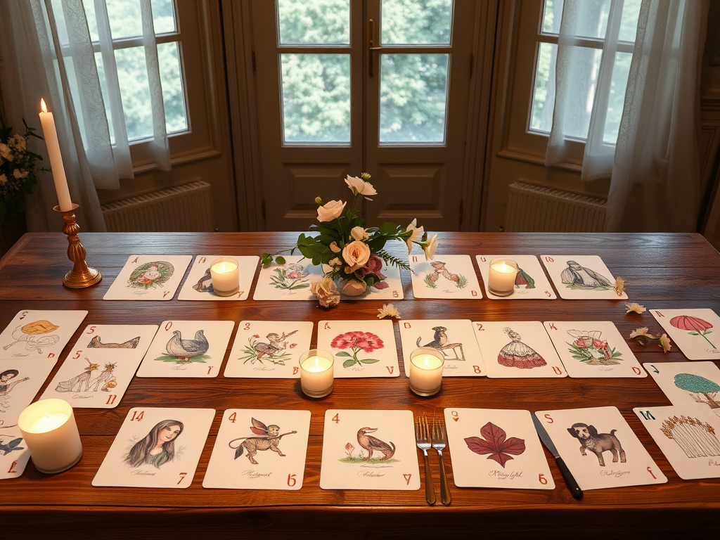 Een serene tafelsetting met 44 geïllustreerde kaarten en kaarsen.