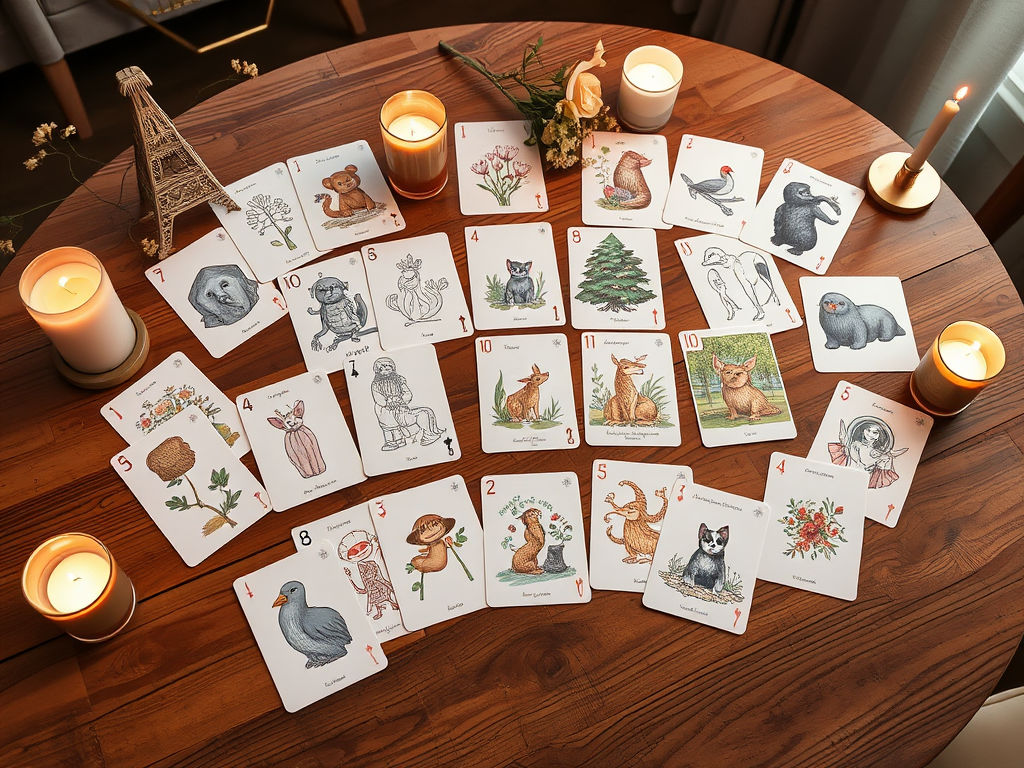 Een tafel met 44 geïllustreerde kaarten en kaarslicht.