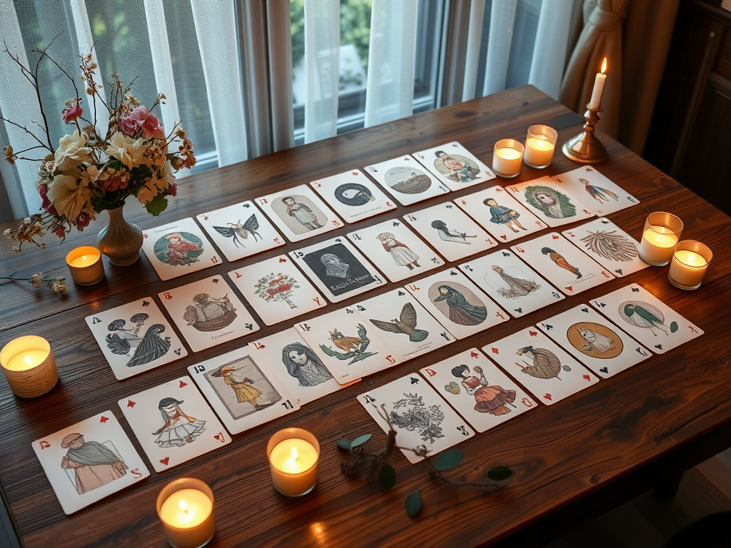 Een serene tafelsetting met 44 geïllustreerde kaarten en kaarslicht.