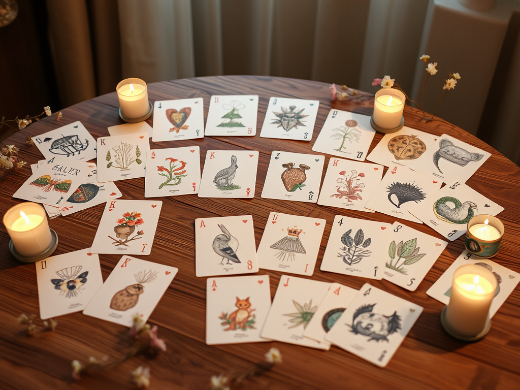 Een tafel met 44 prachtig geïllustreerde kaarten en kaarsen.