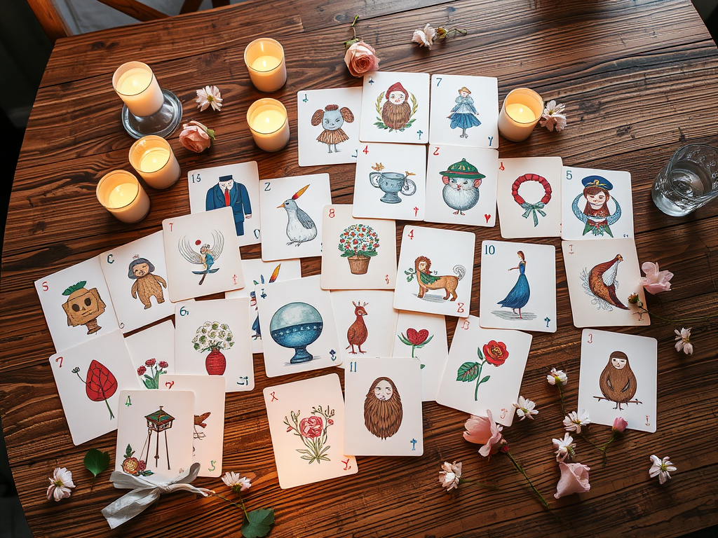 Een houten tafel met 44 geïllustreerde kaarten en kaarsen.