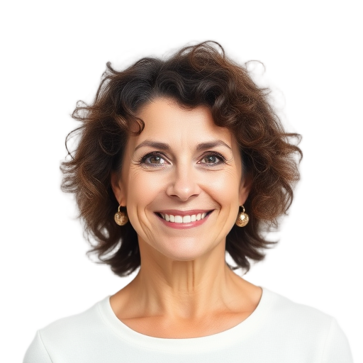 Een persoon die glimlacht voor een witte achtergrond.