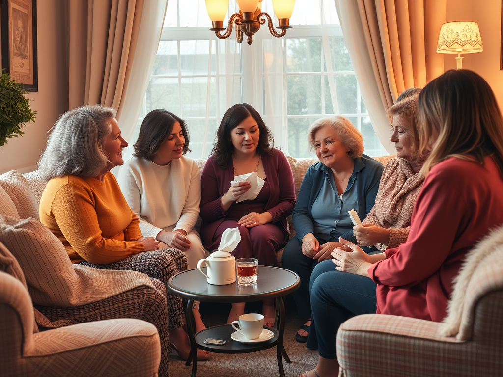 Zes vrouwen in een gezellige, sfeervol verlichte kamer.