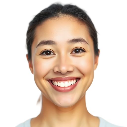 Een persoon met een brede glimlach op een witte achtergrond.