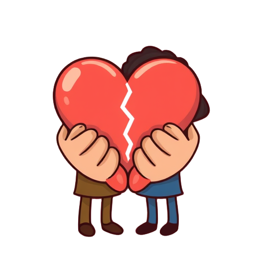 Twee figuren omarmen een gebroken hart.