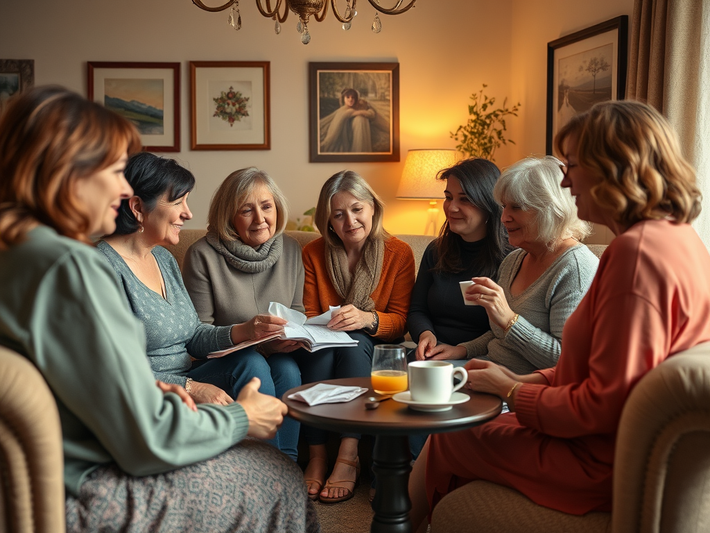 Zes vrouwen delen verhalen in een gezellige, sfeervolle kamer.