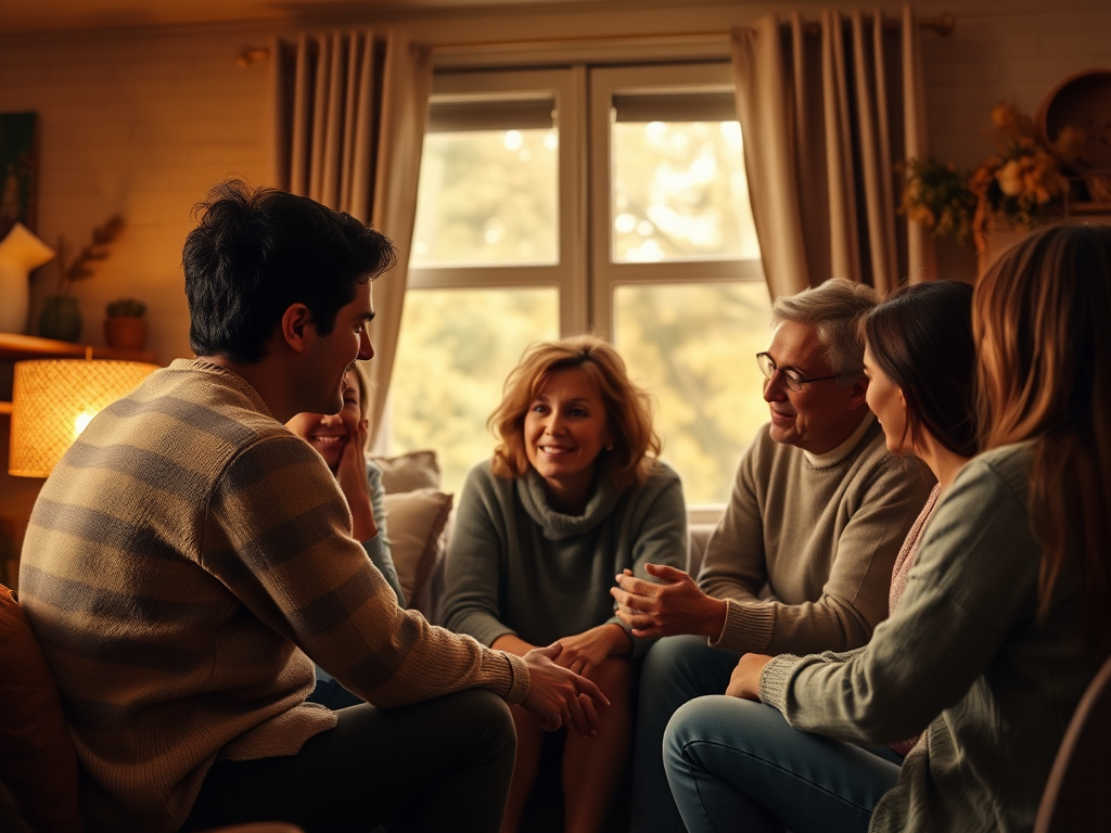 A warm, cozy room with soft lighting, people sitting in a supportive circle, gentle expressions, comforting atmosphere, subtle autumn colors.