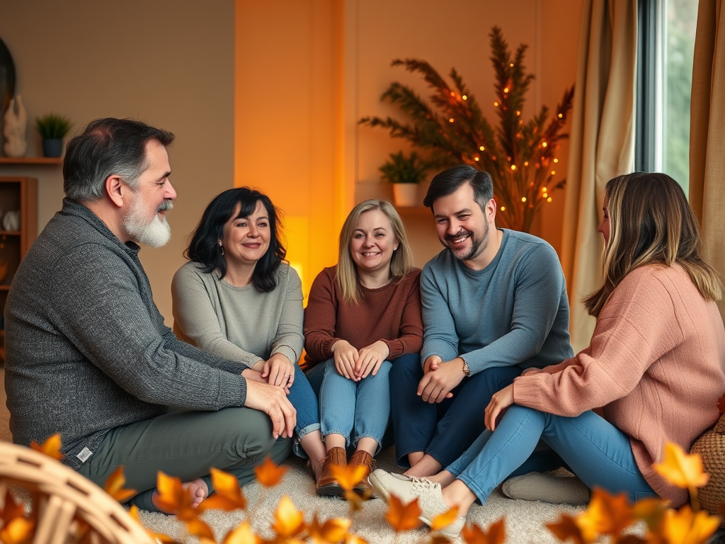 A warm, cozy room with soft lighting, people sitting in a supportive circle, gentle expressions, comforting atmosphere, subtle autumn colors.