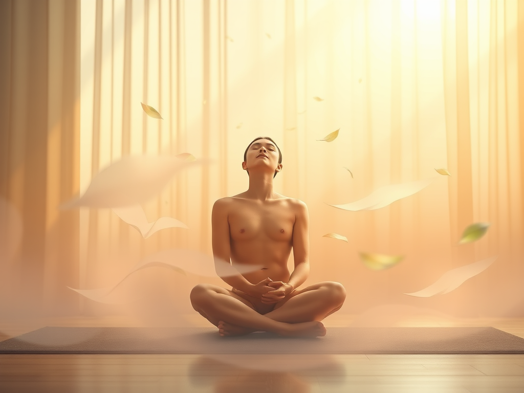 "A serene, soft-lit room" "a person sitting peacefully, eyes closed" "surrounded by gentle floating layers symbolizing emotion, body, social life, spirit" "calm nature elements blending with warm light"