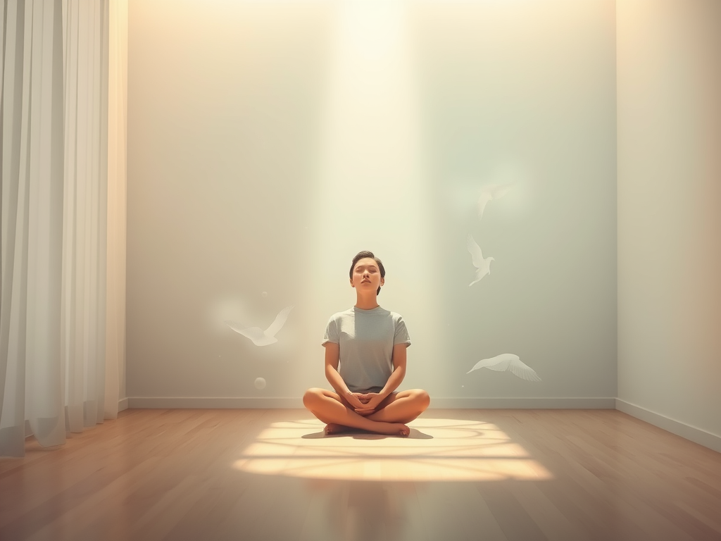 "A serene, soft-lit room" "a person sitting peacefully, eyes closed" "surrounded by gentle floating layers symbolizing emotion, body, social life, spirit" "calm nature elements blending with warm light"