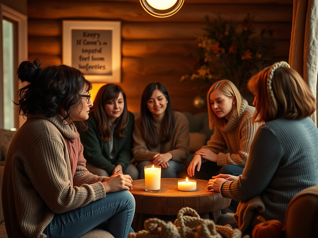 A warm, cozy room with soft lighting, people sitting in a supportive circle, gentle expressions, comforting atmosphere, subtle autumn colors.