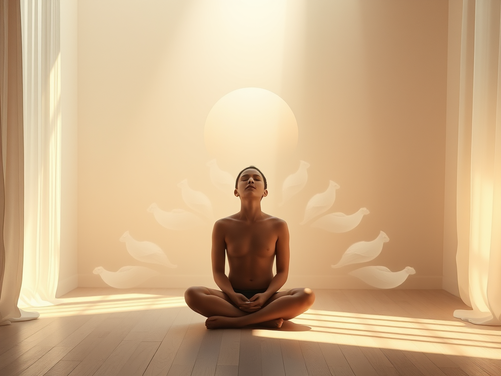 "A serene, soft-lit room" "a person sitting peacefully, eyes closed" "surrounded by gentle floating layers symbolizing emotion, body, social life, spirit" "calm nature elements blending with warm light"