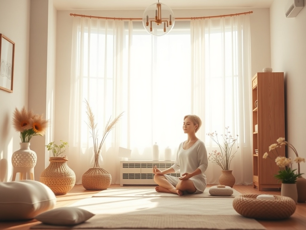 "Asoft-focus scene of a quiet, sunlit room with a calm, contemplative person seated in meditation, surrounded by gentle, nurturing objects and warm, comforting colors."