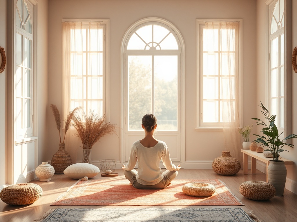 "Asoft-focus scene of a quiet, sunlit room with a calm, contemplative person seated in meditation, surrounded by gentle, nurturing objects and warm, comforting colors."