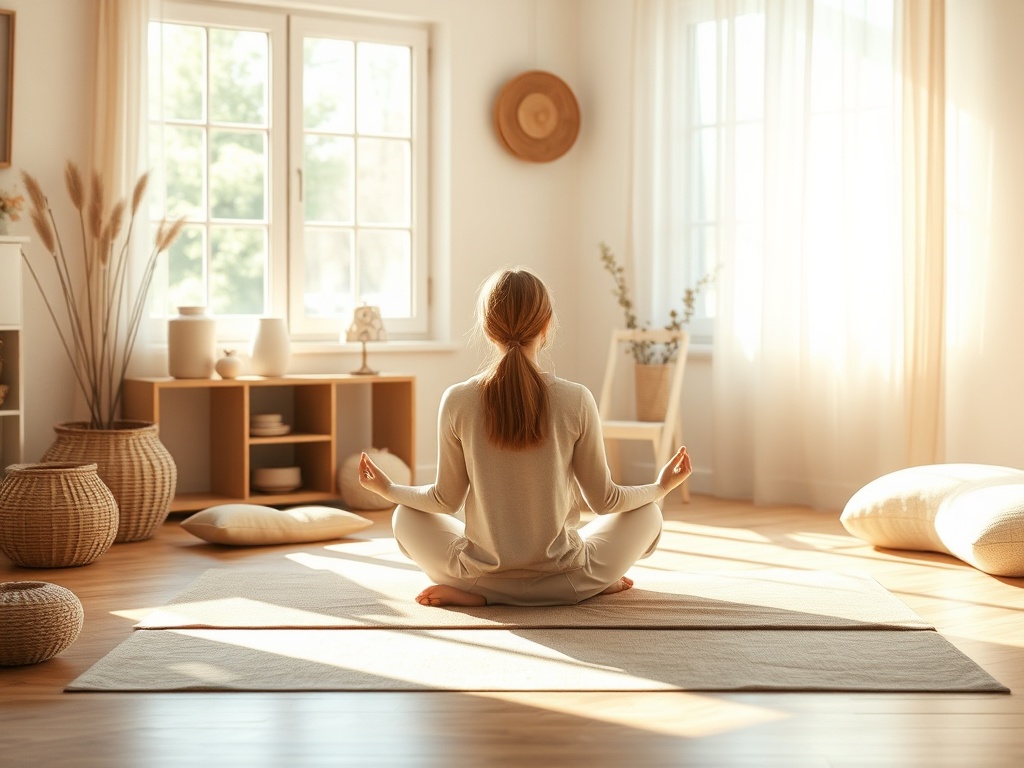 "Asoft-focus scene of a quiet, sunlit room with a calm, contemplative person seated in meditation, surrounded by gentle, nurturing objects and warm, comforting colors."
