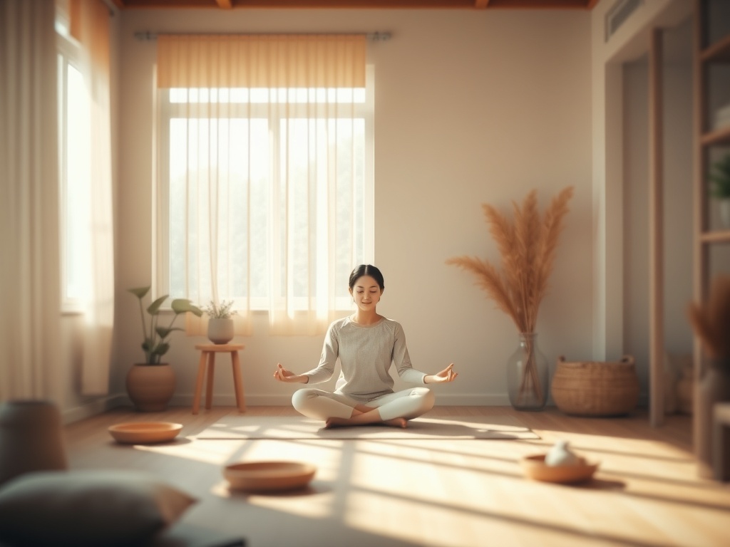 "Asoft-focus scene of a quiet, sunlit room with a calm, contemplative person seated in meditation, surrounded by gentle, nurturing objects and warm, comforting colors."