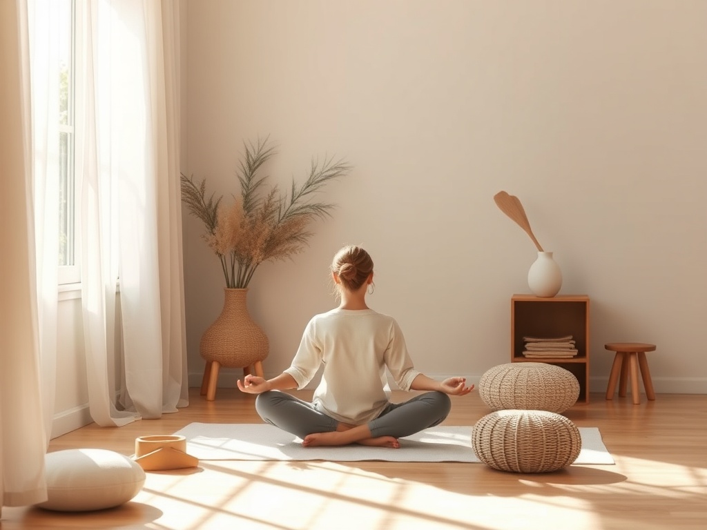 "Asoft-focus scene of a quiet, sunlit room with a calm, contemplative person seated in meditation, surrounded by gentle, nurturing objects and warm, comforting colors."