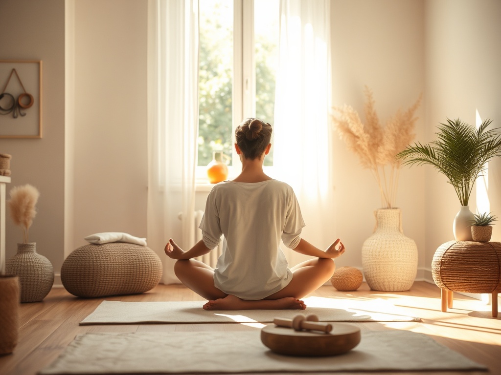"Asoft-focus scene of a quiet, sunlit room with a calm, contemplative person seated in meditation, surrounded by gentle, nurturing objects and warm, comforting colors."