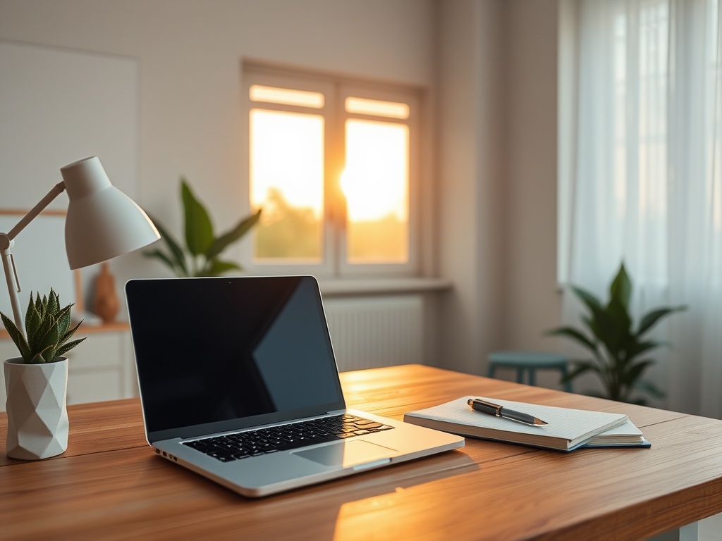 "A calm, focused interior workspace with a laptop, pen, and notebook on a wooden desk, sunrise light, soothing pastel tones, minimalistic design, subtle icons hinting at social ads"