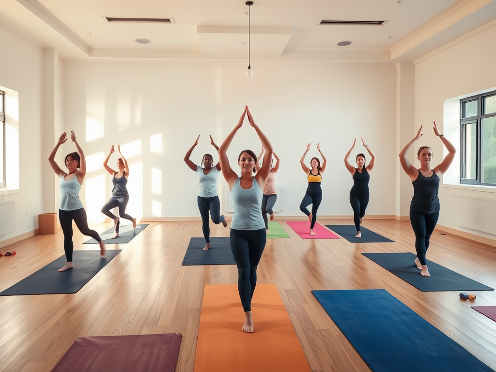 Een yoga studio met diverse beoefenaars in beweging.