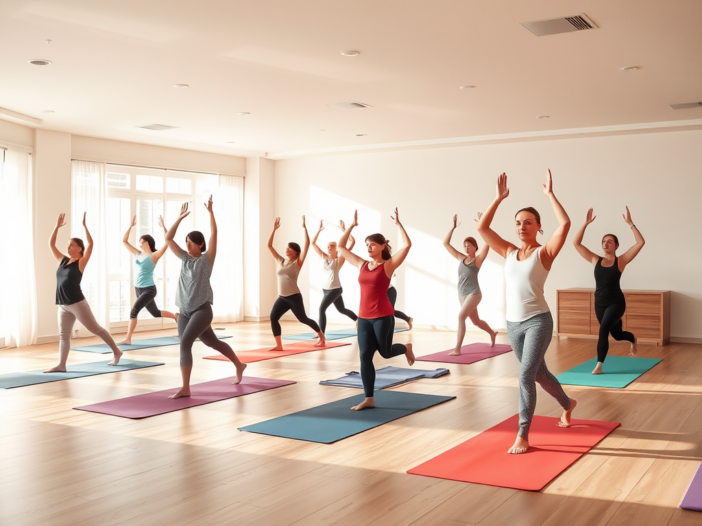 Yoga-beoefenaars in een lichte studio met kleurrijke matten.