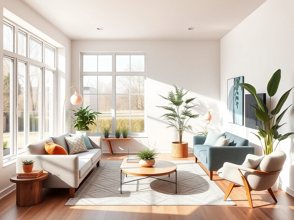 Een gezellige, goed verlichte woonkamer met moderne meubels.