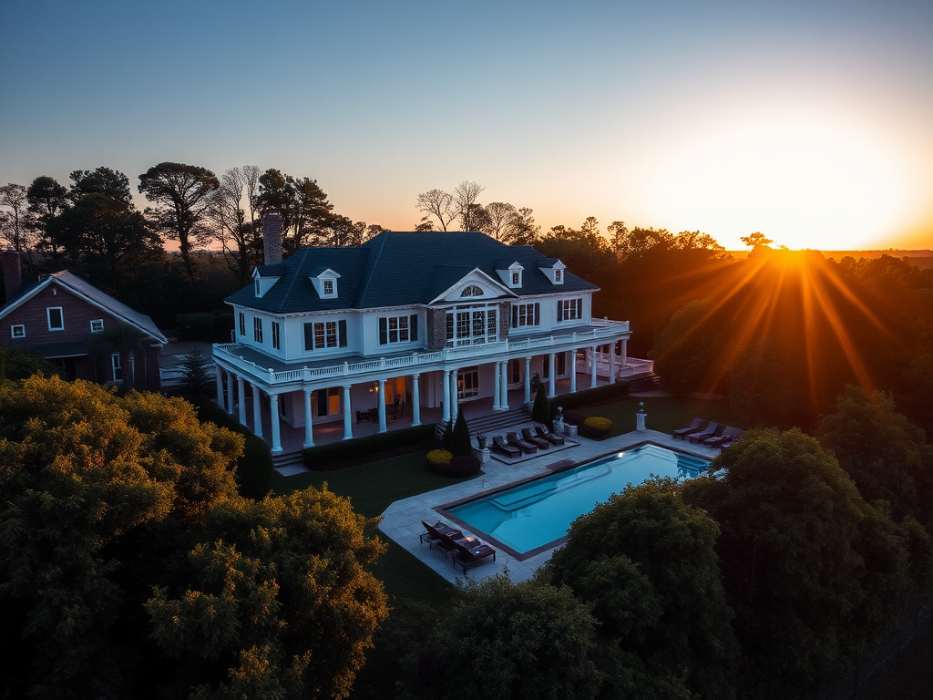 Luchtfoto van een elegant huis met zwembad en tuin.