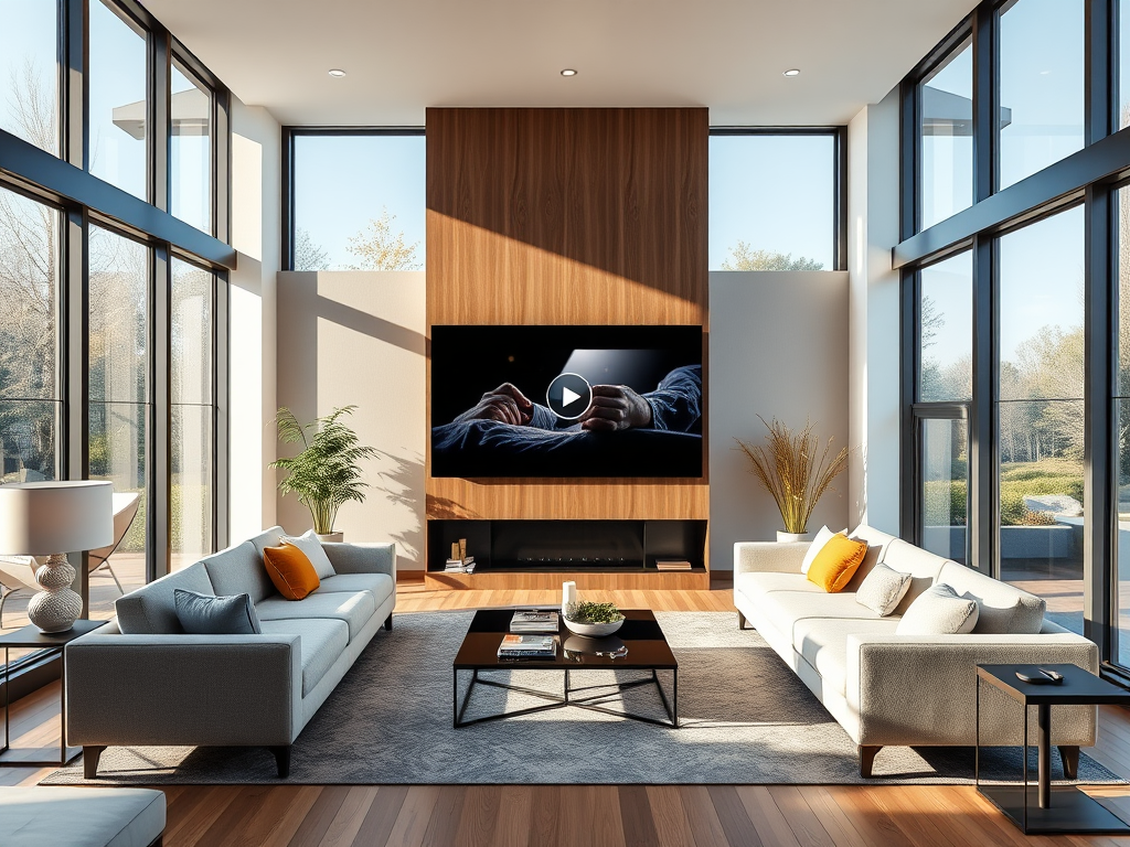 Een modern woonkamer met grote ramen en elegante meubels.