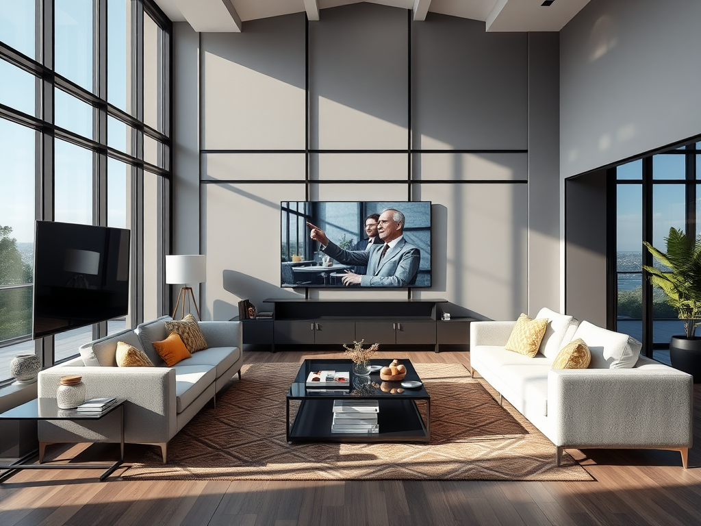 Een modern woonkamer met grote ramen en elegante meubels.
