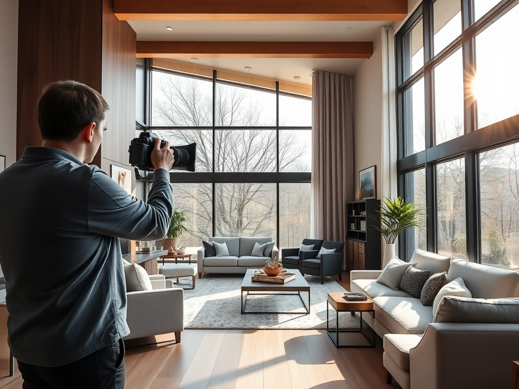 Een fotograaf legt een moderne woonkamer vast met veel licht.