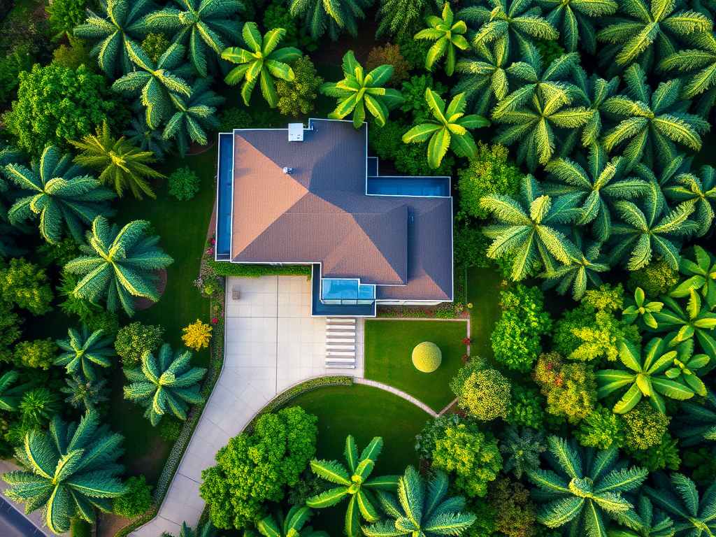 Luchtfoto van een modern huis omgeven door groen.