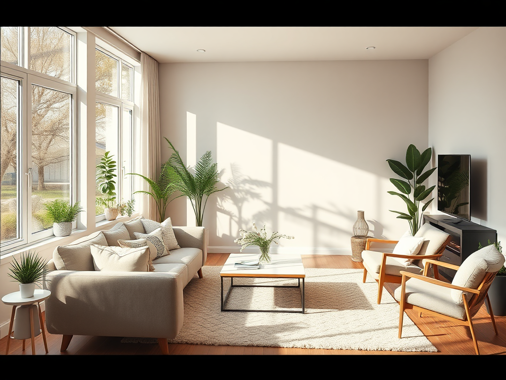 Een gezellige woonkamer met moderne meubels en planten.