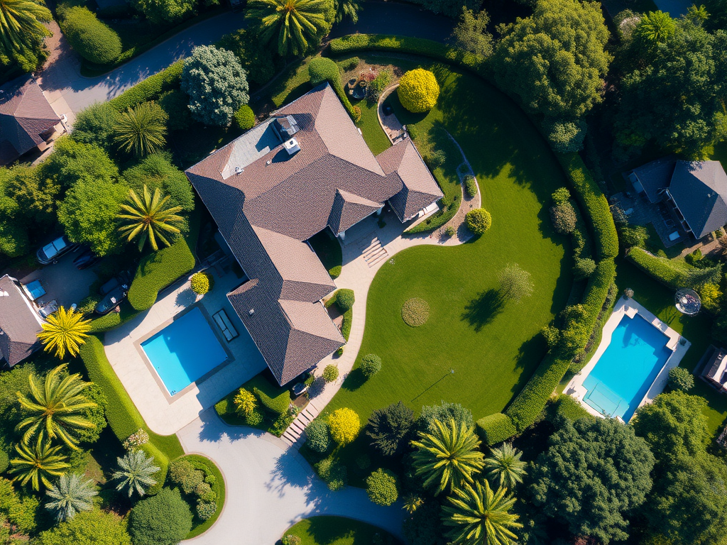Luchtfoto van een prachtige woning met tuinen.