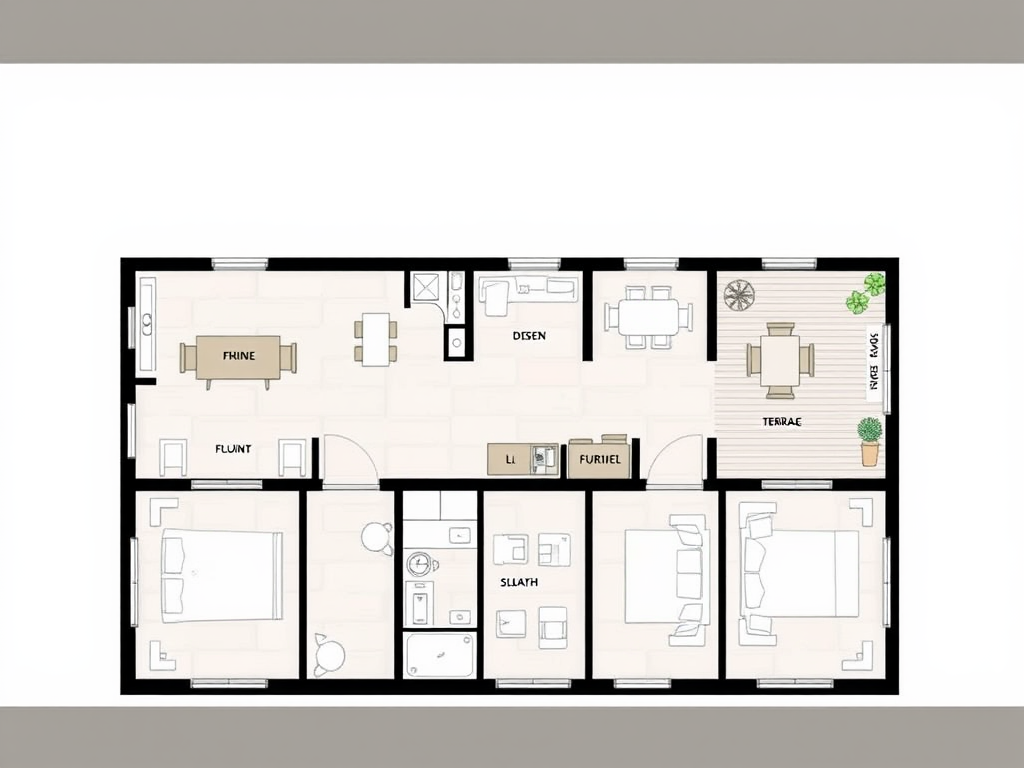 Een gedetailleerd plattegrond met meubels en buitenruimtes.