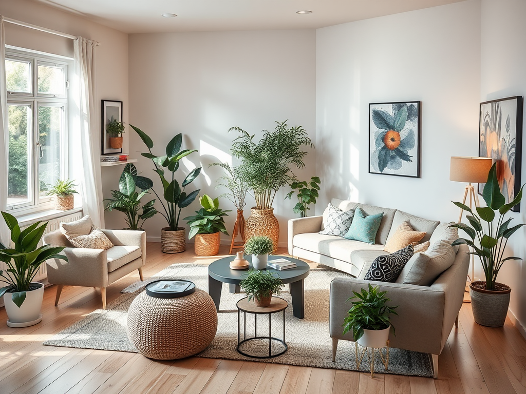 Een gezellige woonkamer met moderne meubels en planten.