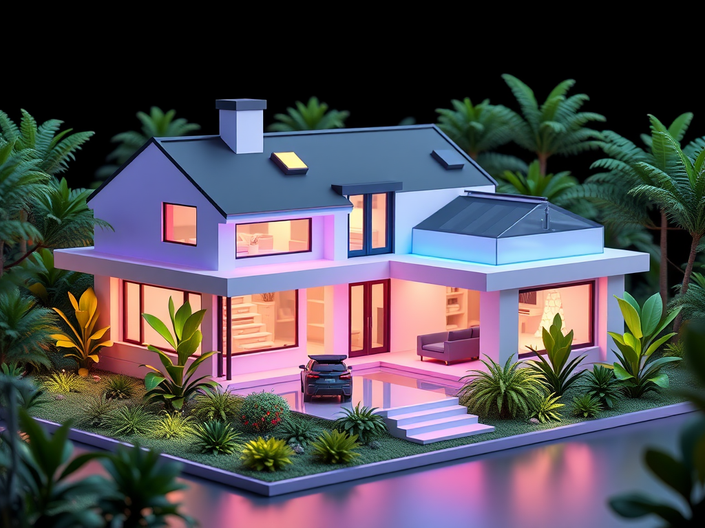 Een modern 3D-model van een huis omringd door groen.