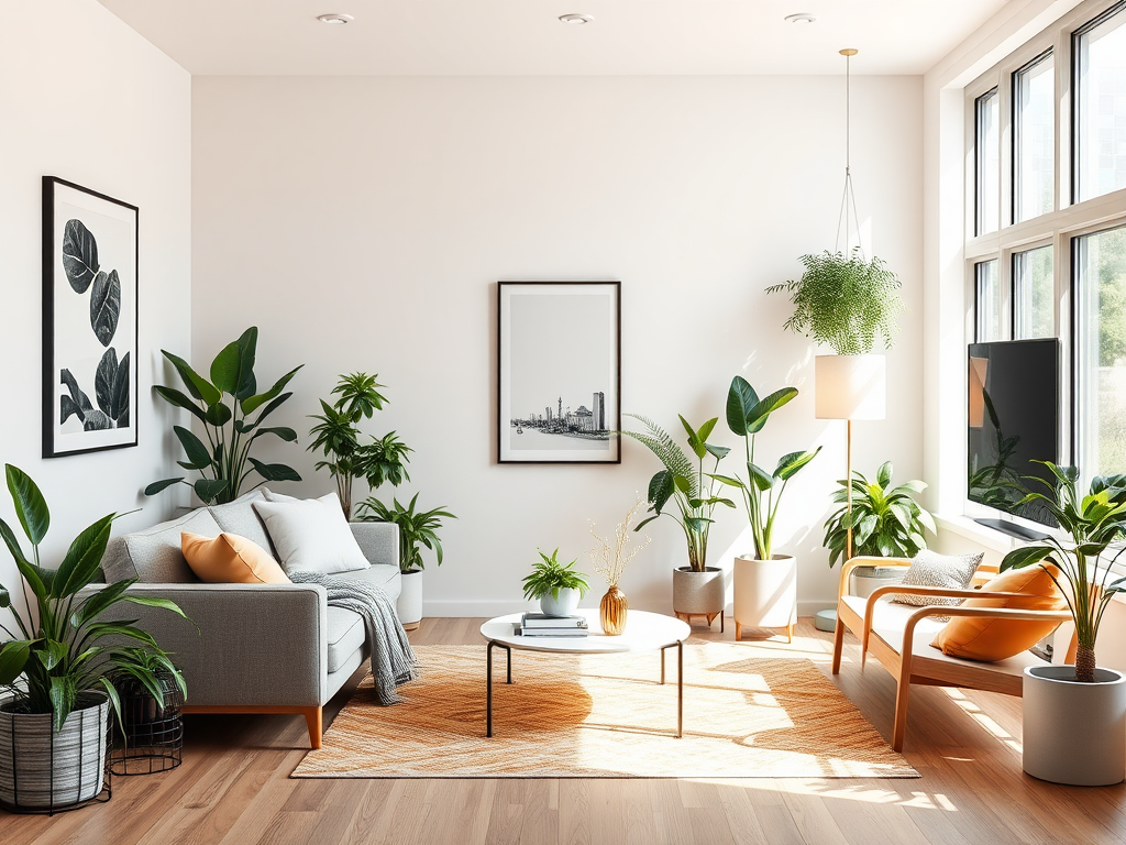 Een gezellige woonkamer met moderne meubels en planten.