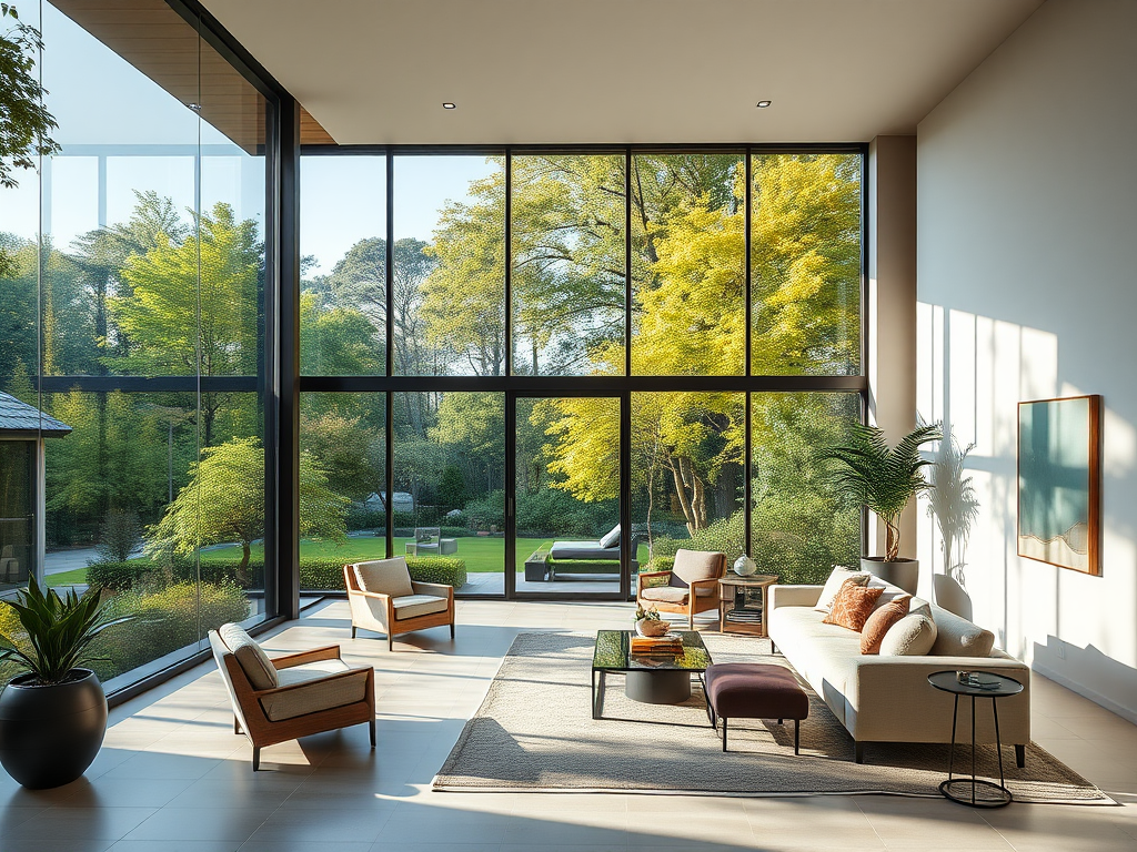 Moderne woonkamer met grote ramen en groene omgeving.