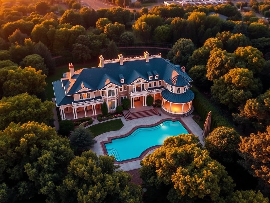 Luchtfoto van een elegant huis met zwembad en tuin.