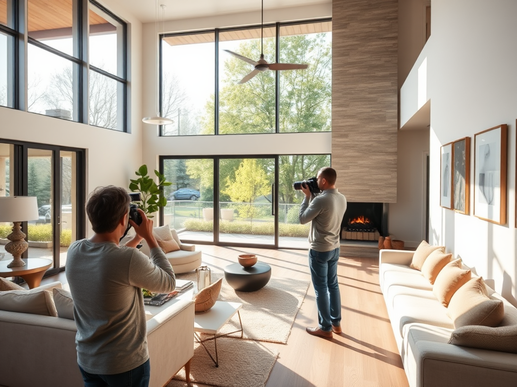 Een fotograaf legt een moderne woonkamer vast met veel licht.